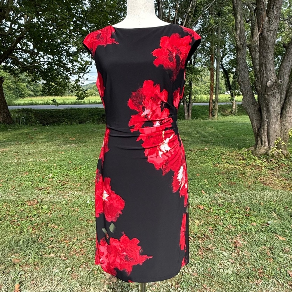 Lauren Ralph Lauren Black Red Floral Ruched Sheath Midi Dress Size 10 Sleeveless